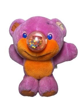 Vintage 1987 Playskool Nosy Bear Gumball Nose Plush Toy Pink & Orange Works